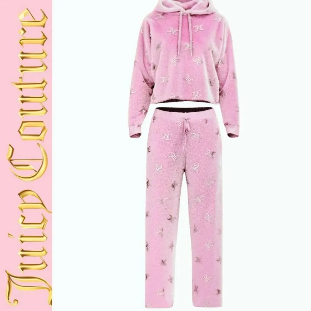 Juicy Couture 2-PC Silver Foil Logo Velour Hoodie &‎ Pant PJ Set